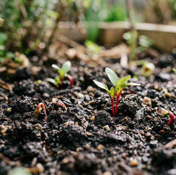 Close-up of small green plant sprouts with red stems growing in dark soil within a garden bed.