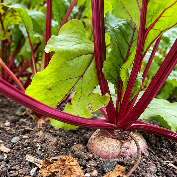 A close-up of a fresh beet plant growing in soil, with bright green leaves and deep burgundy-red stems and veins, and a pale pinkish-red root visible at the base.