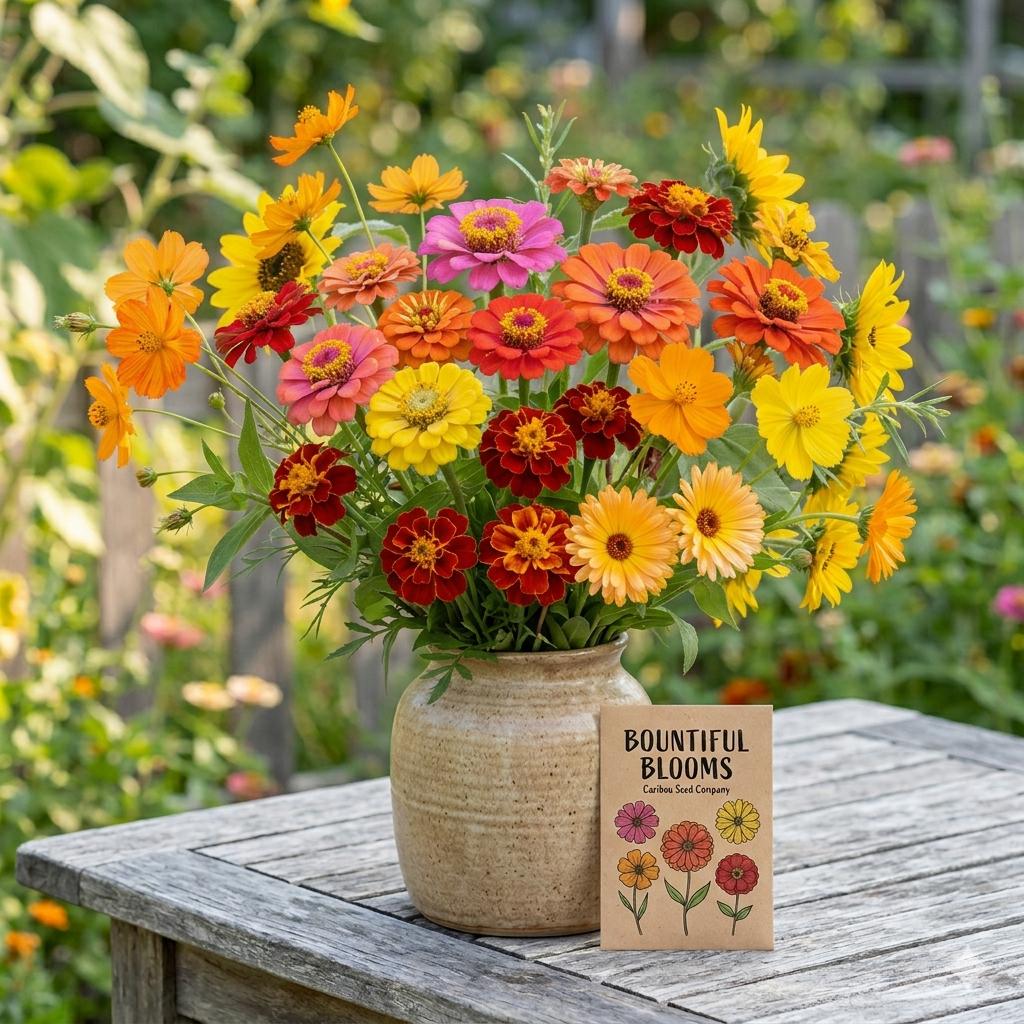 A lush, overflowing bouquet in a rustic ceramic vase featuring large, vibrant zinnias, golden sunflowers, bright cosmos, marigolds, and calendula. A Caribou Seed Company "Bountiful Blooms" seed packet with hand-illustrated flowers sits on a weathered wooden table in a sunny garden setting.