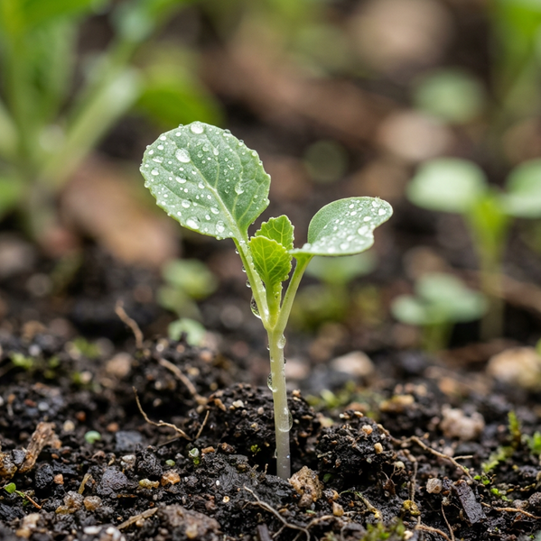 A small green plant brussels sprout  seedling with water droplets on its leaves, growing in dark soil with other blurred plants in the background.