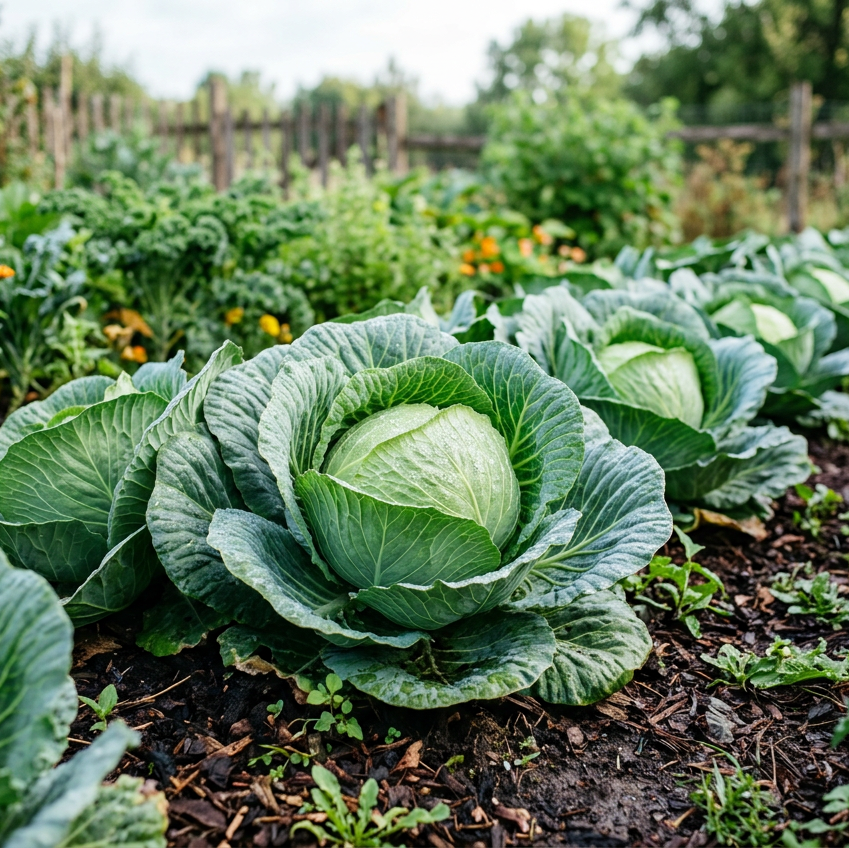 A close-up view of a garden bed with several large green cabbages growing in soil, surrounded by other leafy plants and small orange flowers.