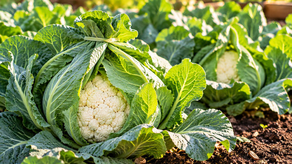 A close-up of a freshly harvested head of cauliflower in a garden, surrounded by large green leaves and dark soil.