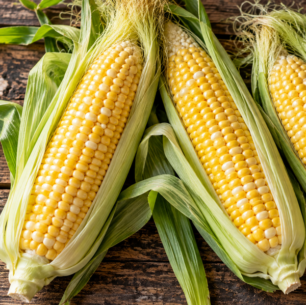 Four ears of fresh corn with green husks partially peeled back, arranged on a rustic dark wooden surface.