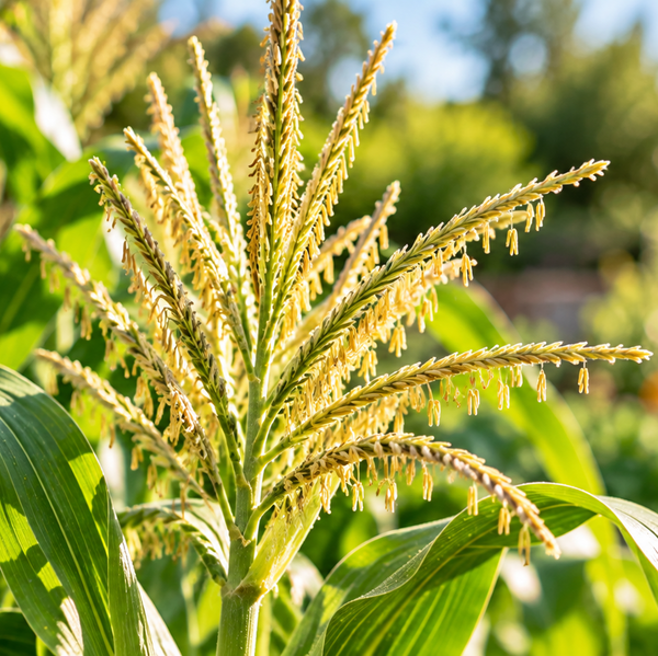 A close-up of a corn plant with a golden-yellow ear of silk in a sunny garden with blurred green foliage and flowers in the background.
