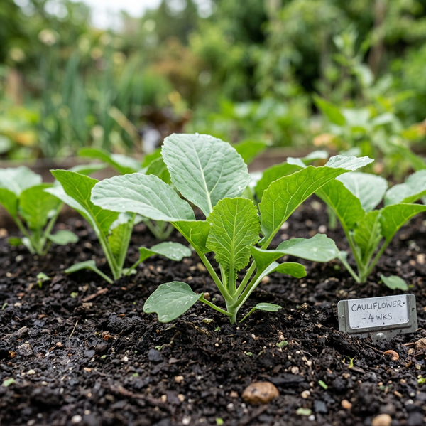 A close-up of young green kale plants growing in dark soil within a raised garden bed, with a small handwritten label reading 'KALEFLOWER - MMS' and a blurred garden background.