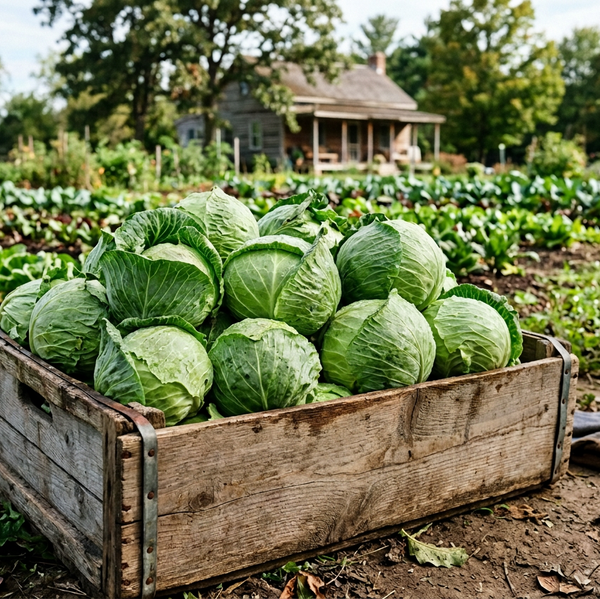 A rustic wooden crate filled with freshly harvested green cabbages sitting in a vegetable garden, with a small farmhouse and trees in the background.
