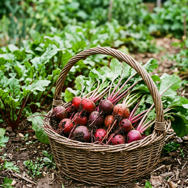 A woven wicker basket filled with freshly harvested red beets and green leafy tops, placed on the soil in a garden bed.