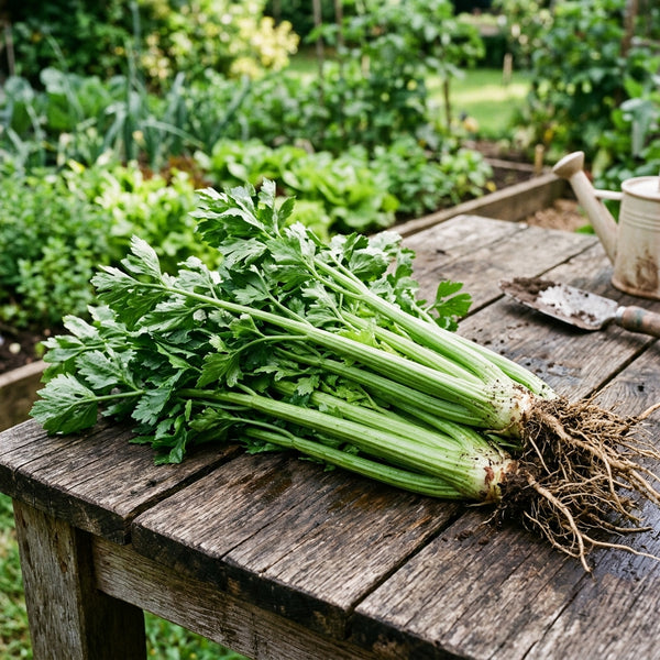 Freshly harvested celery with roots intact resting on a rustic, weathered wooden table outdoors, with lush green garden plants blurred in the background.