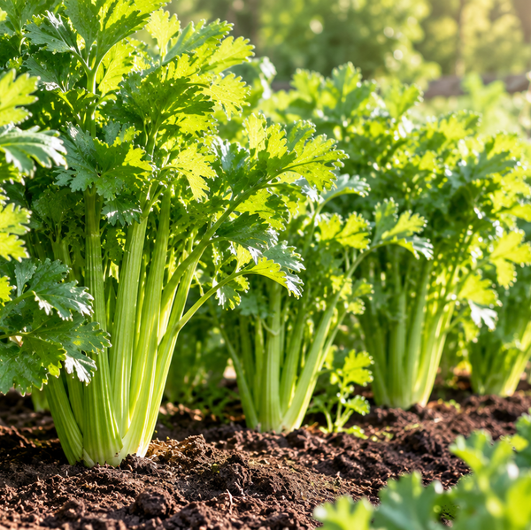 Fresh green celery plants with tall stalks growing in a garden bed, surrounded by soil and blurred foliage in the background.