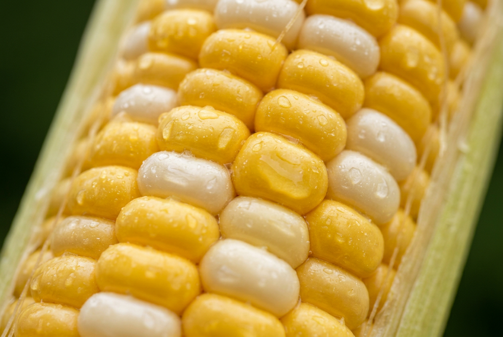 Close-up of a corn cob with alternating yellow and white kernels, glistening with water droplets, set against a blurred green background.