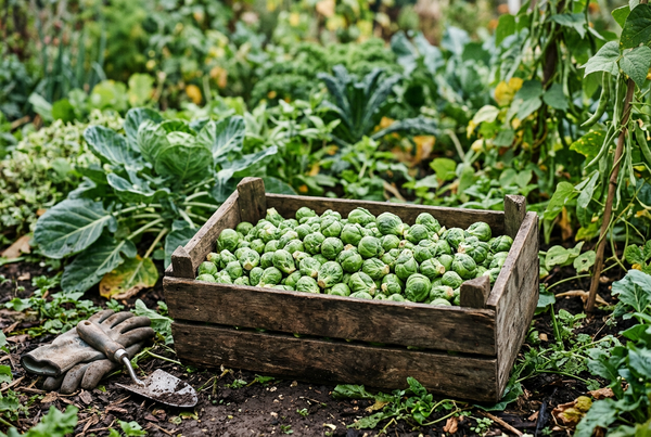 A rustic wooden crate filled with freshly harvested green Brussels sprouts sits in a lush garden bed, with gardening gloves and a small hand trowel on the soil nearby.